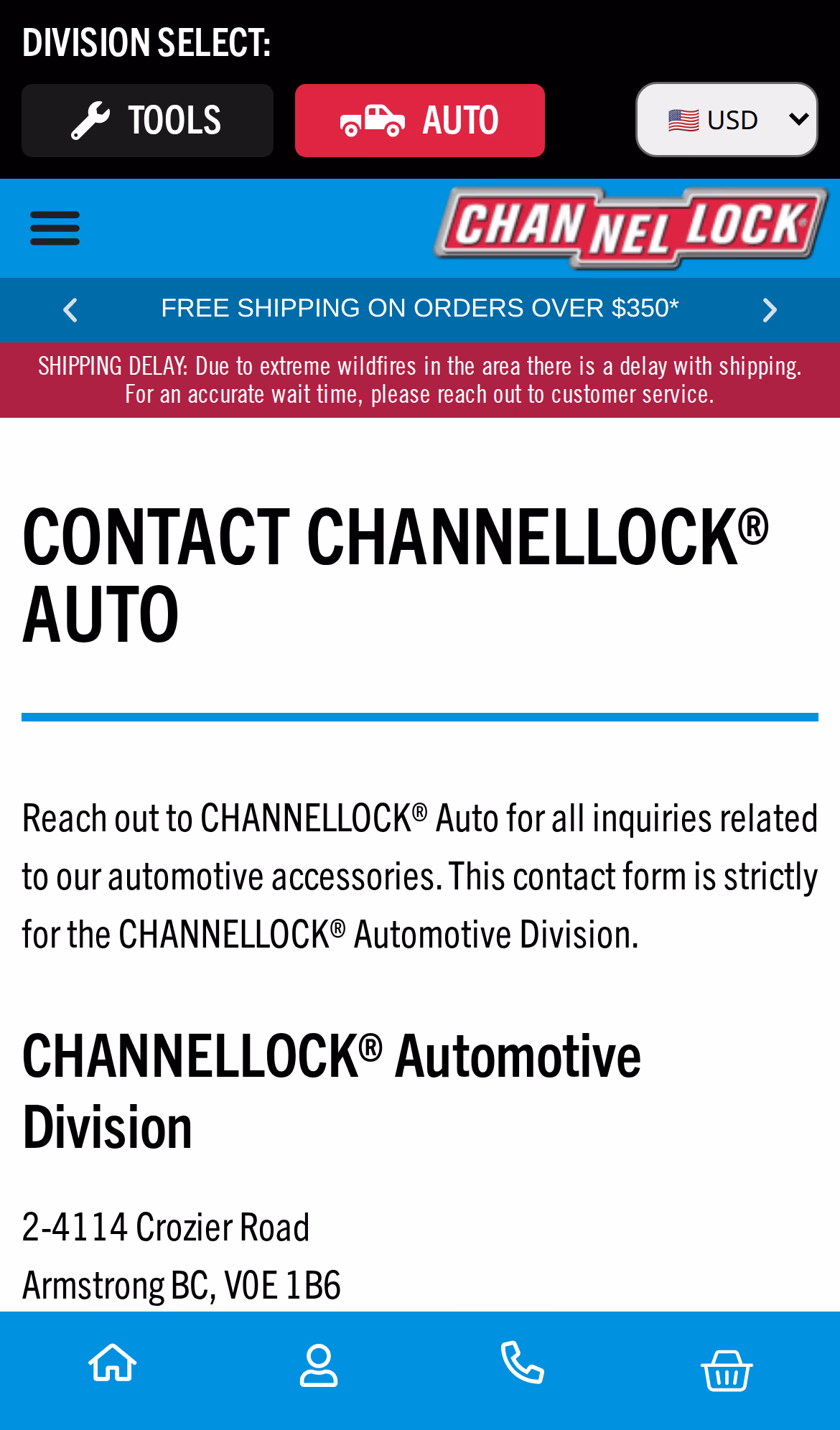 CHANNELLOCK® Automotive contact us page (mobile)